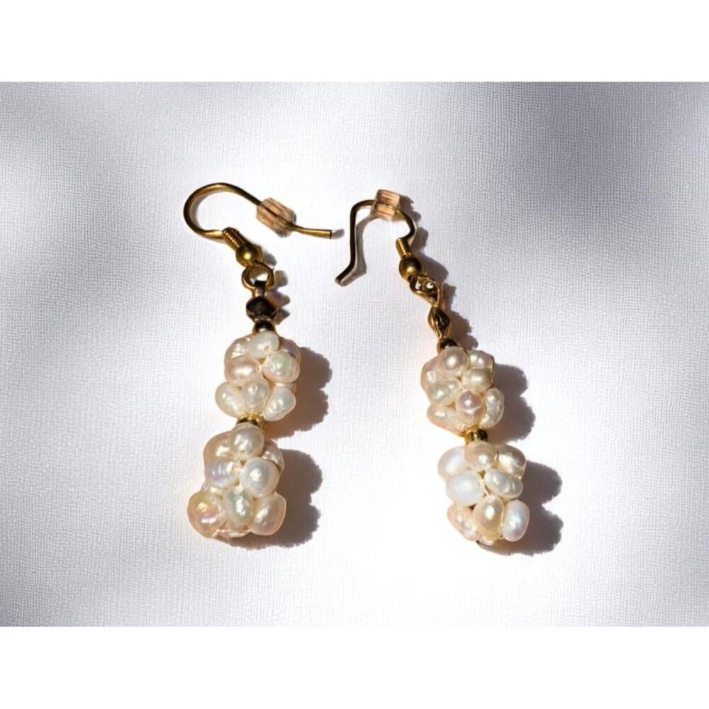 Handmade Dangling Earrings With Faux Pearls & Gold Beads - Picture 3 of 14